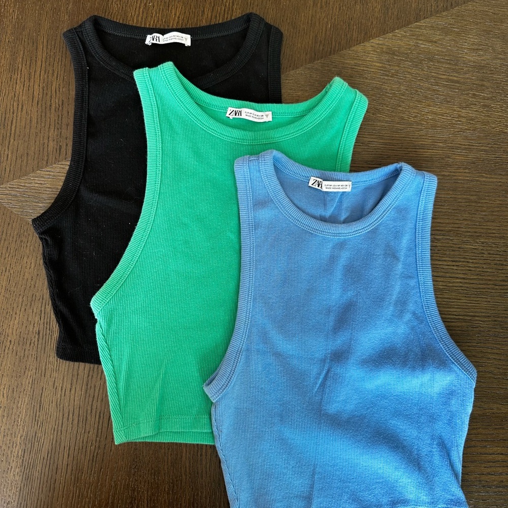 Zara - Cropped Tanks - Black, Green, and Blue